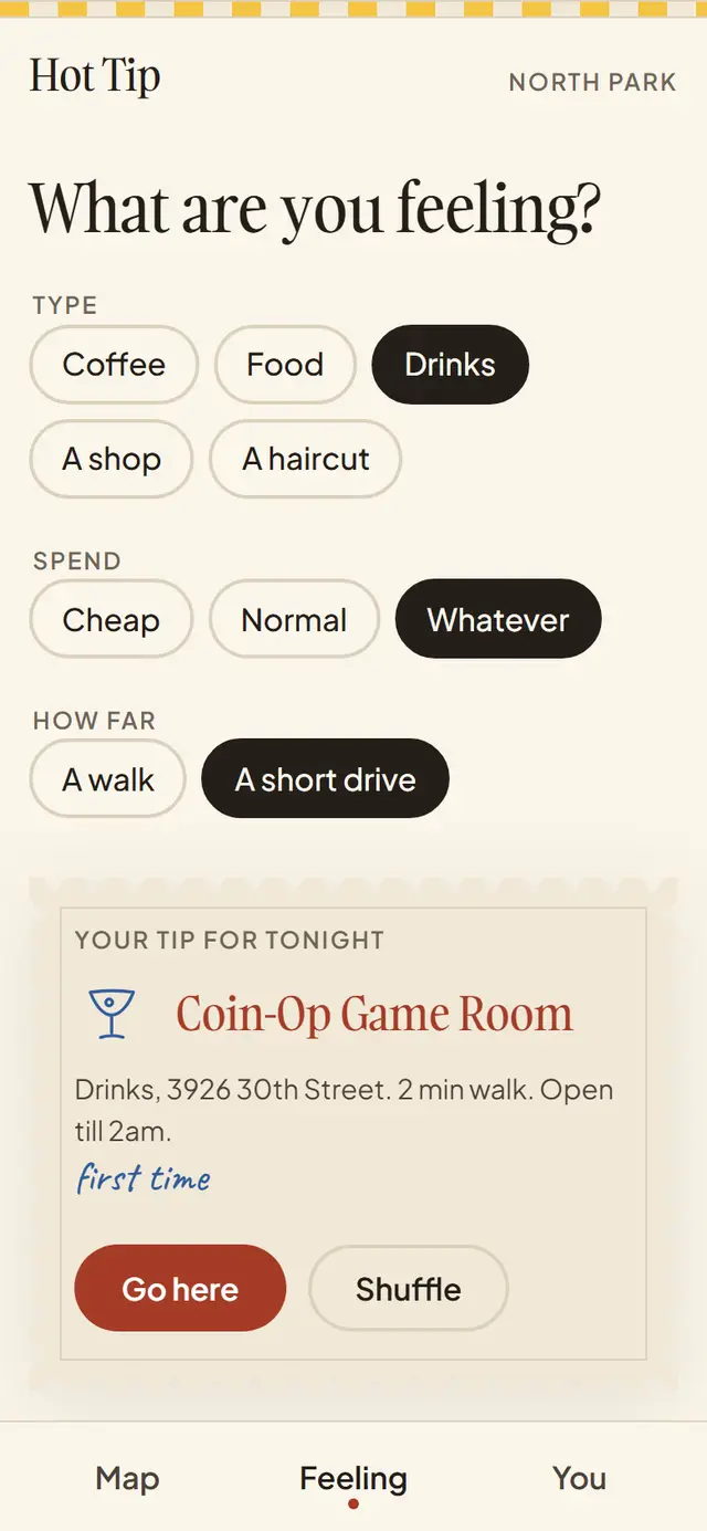 The Hot Tip answer screen, showing one spot with Go here and Shuffle.