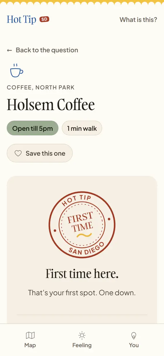 The check-in screen with the first-time stamp landed on the card.