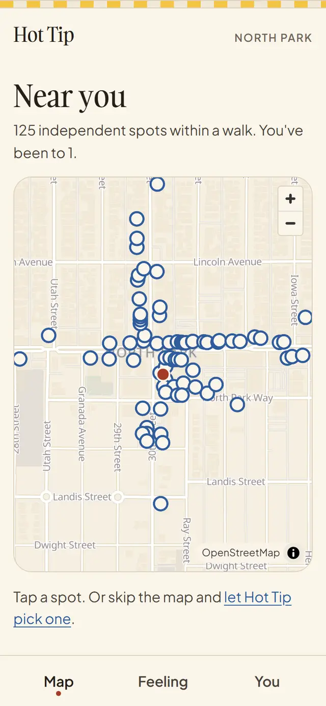 The map screen showing independent spots near you.