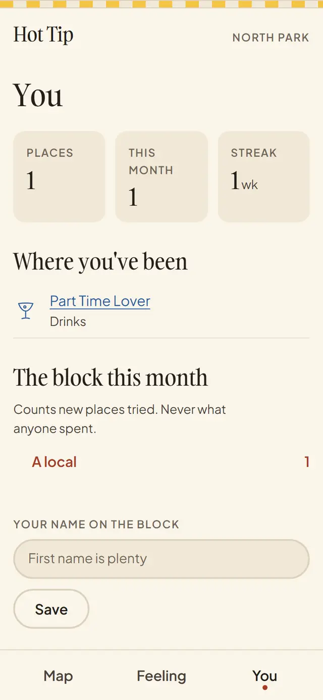 The You screen with places visited, this month, a streak and the block's board.